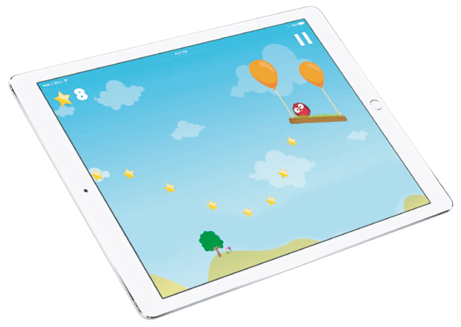 Tablet con il gioco Balloon Buddies: il gufo appeso ai palloncini raccoglie le stelle