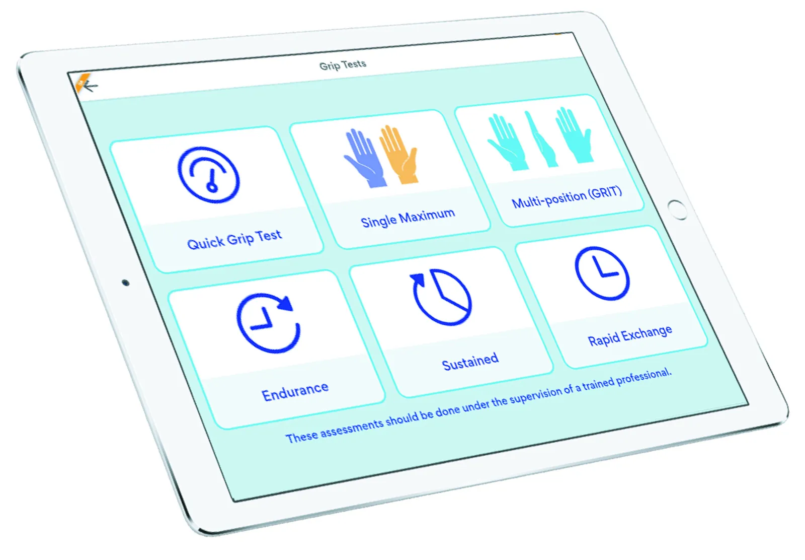 Tablet con il menu dei sei test di presa GripAble: Quick Grip, Single Maximum, Multi-position (GRIT), Endurance, Sustained, Rapid Exchange